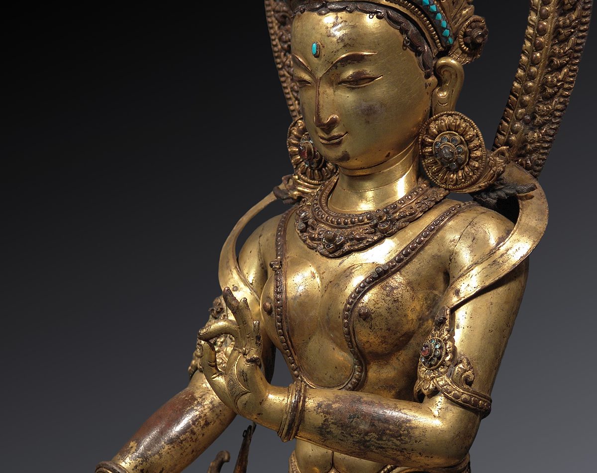 Tara, Kathmandu valley, Nepal, 15th/2f16th century, embossed gilt copper and semi precious stones, 57 cm